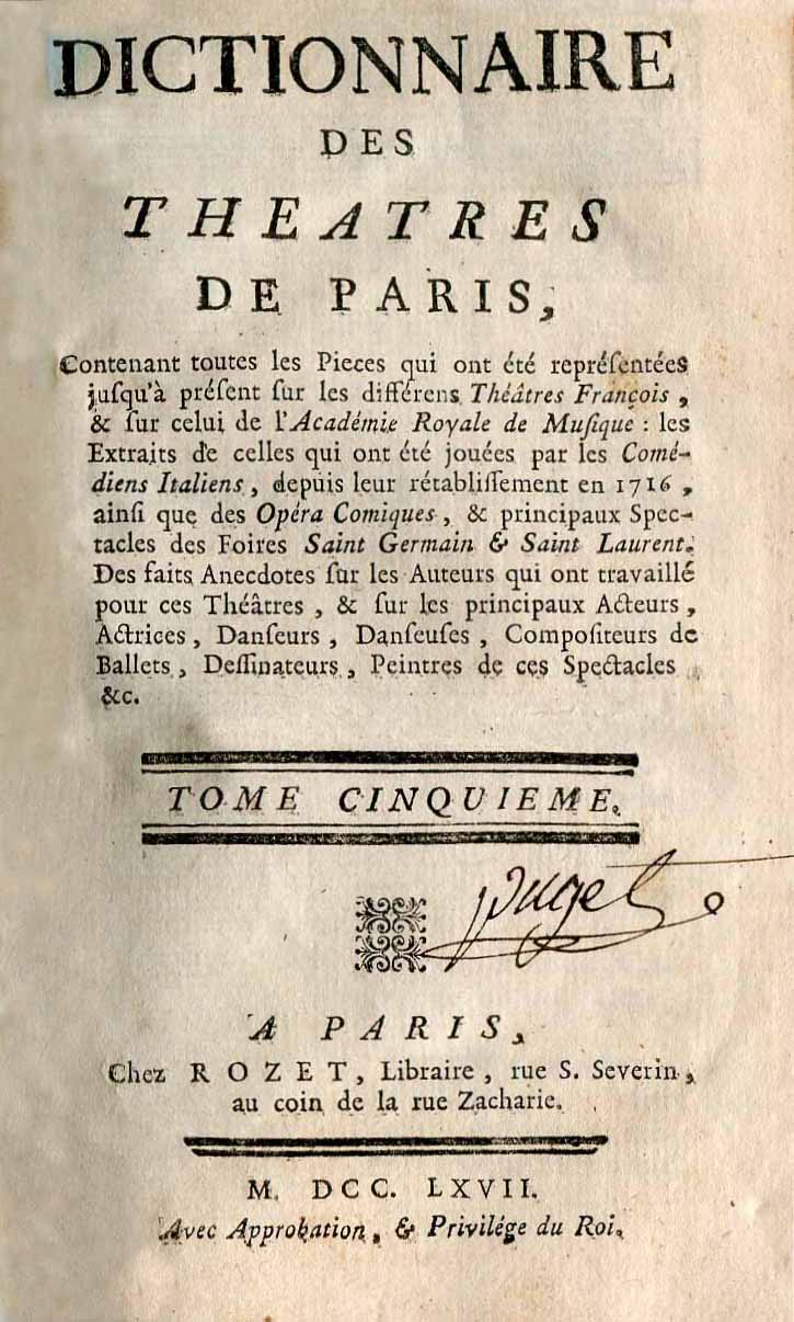 Dictionnaire de Theatres de Paris. Tome V